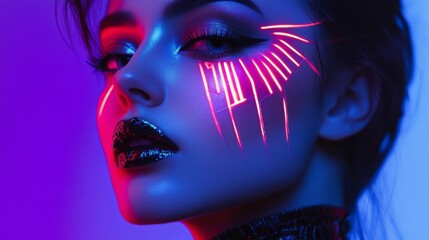 A high-tech, futuristic makeup look inspired by cyberpunk or sci-fi aesthetics. Metallic colors, sharp geometric lines, and tech-inspired patterns can define this style.