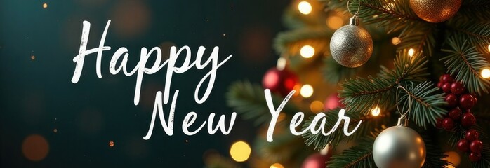 Festive New Year greeting with decorative ornaments on a Christmas tree. Perfect for holiday promotions, seasonal greeting cards, retail advertisements, e-commerce banners, and event invitation