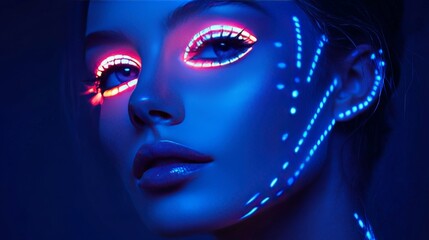 A high-tech, futuristic makeup look inspired by cyberpunk or sci-fi aesthetics. Metallic colors, sharp geometric lines, and tech-inspired patterns can define this style. 