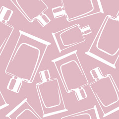 seamless pattern with square perfume bottles arranged randomly on a pink background, vector