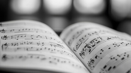 Naklejka premium Close-up of an open music book displaying black and white notes with a soft blurred background
