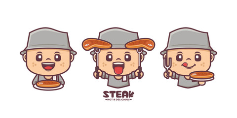 Steak cartoon mascot, with different expressions