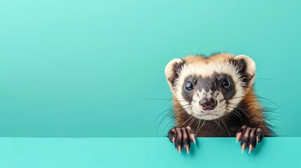 Fototapeta premium Cute ferret peeking over a blue background.