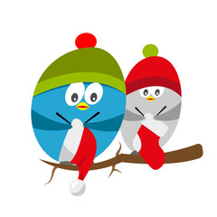 Christmas or New Year print cute birds sit on branch sew knit a red Santa Claus hat and sock for gifts. Vector illustration