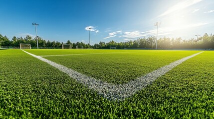 A vibrant soccer field with perfectly cut grass, corner flags, and a bright, sunny day with clear skies