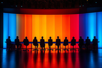 Silhouetted figures prepare for a lively television debate on a vibrant stage illuminated by colored lights