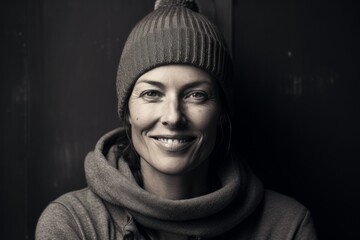 Portrait of a happy woman in her 40s donning a warm wool beanie in bare monochromatic room
