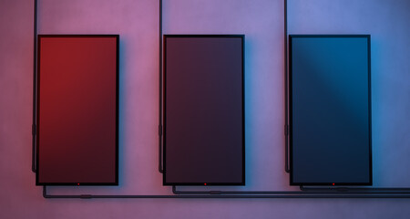 Close up three vertical television display mock up
