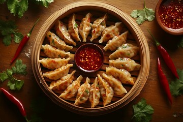 Golden Pan-Fried Dumplings with Spicy Dipping chilli oil in Bamboo Steamer