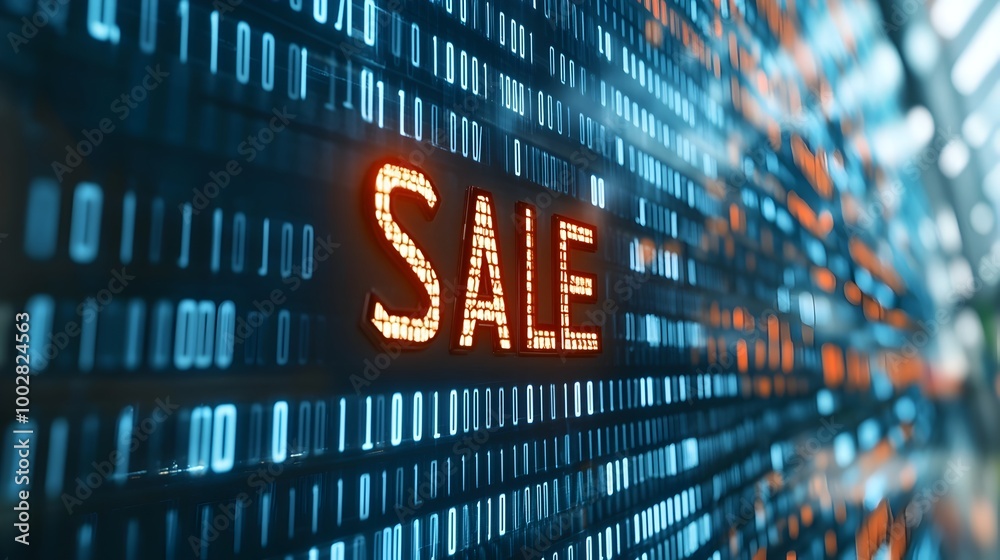 Poster A 3D rendering of the word SALE made from binary code representing the digital aspect of Cyber Monday deals and special online shopping promotions