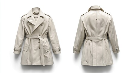 White Leather Trench Coat, Front and Back View Isolated On White Background. Mock-up Design Template. 3d Illustration. Generate Ai Image
