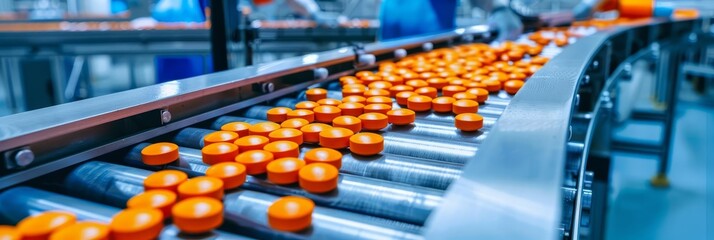 Fototapeta premium Conveyor belt carrying orange capsules in a pharmaceutical factory.