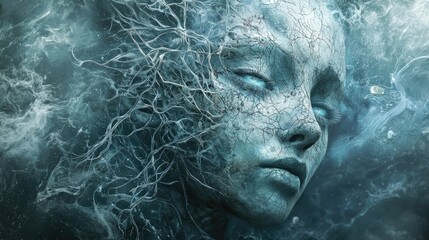 A surreal celestial goddess, her face weathered like an ancient stone sculpture, gazes with piercing, icy eyes that burn with passion, melting into rivers