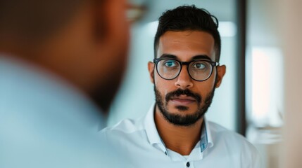 Obraz premium A man in glasses looks intently at someone off-camera, engaged in a serious conversation.