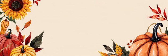 Fototapeta premium Autumn floral border with pumpkins and sunflowers on beige background.