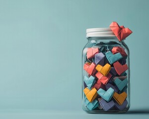 Tiny origami hearts in vibrant colors, placed in a glass jar with a thank you note, origami hearts, thank you gift