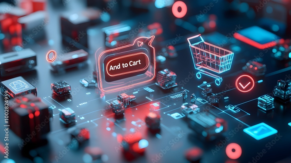 Poster A bright neon Add to Cart button surrounded by percentage signs and glowing products symbolizing the action of shopping during the Cyber Monday sales event