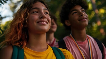 Obraz premium Group of diverse teenagers looking up with hopeful expressions.