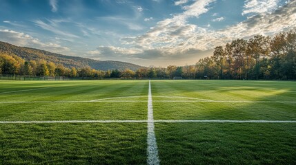 Fototapeta premium A vibrant soccer field with well-kept grass, white lines, and a serene landscape with distant hills