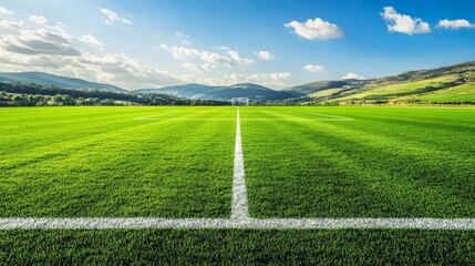 A vibrant soccer field with well-kept grass, white lines, and a serene landscape with distant hills