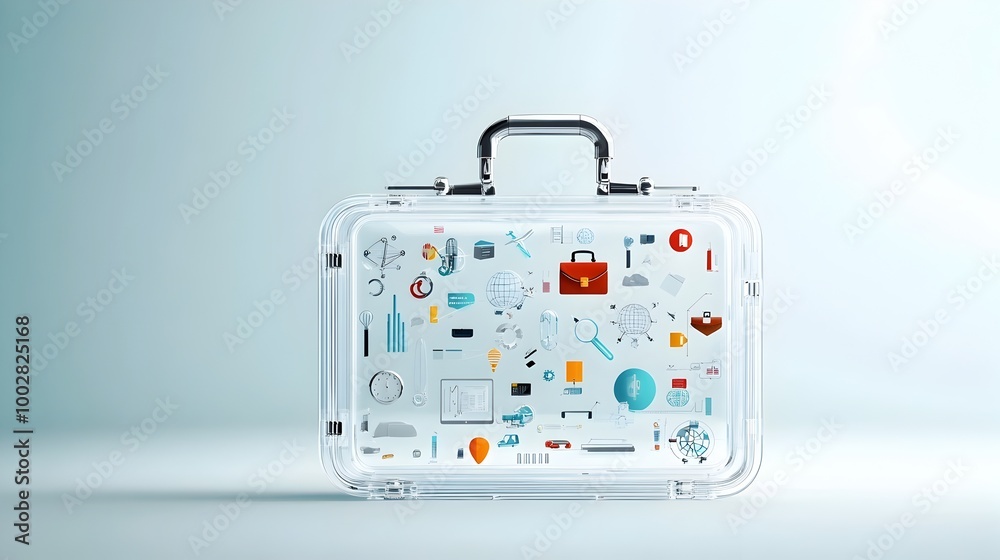 Poster A businessman s briefcase made of transparent glass filled with colorful icons of various business tools symbolizing transparency in and processes within a corporate or professional setting