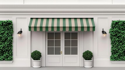 White storefront with green striped awning, double doors, and potted plants.