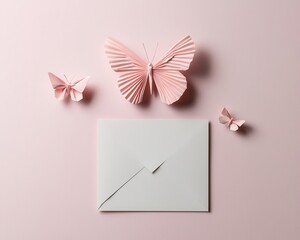 Paper butterfly origami attached to a greeting card, set against a pastel background, origami butterfly, card decoration