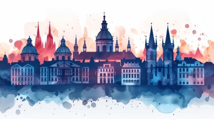 Fototapeta premium Watercolor illustration of Prague skyline, Czech Republic.