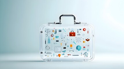 A businessman s briefcase made of transparent glass filled with colorful icons of various business tools symbolizing transparency in and processes within a corporate or professional setting