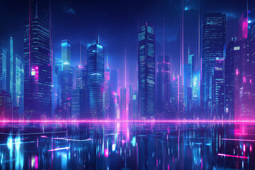 Fototapeta premium Futuristic neon cityscape at night with tall skyscrapers, glowing lights, and reflections on water, illustrating cyberpunk and sci-fi concepts in a high-tech, digital metropolis.