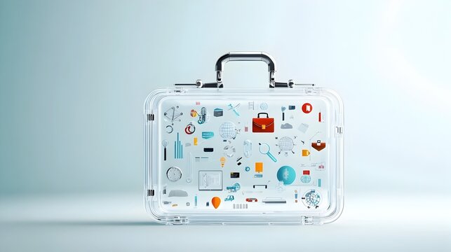 A businessman s briefcase made of transparent glass filled with colorful icons of various business tools symbolizing transparency in and processes within a corporate or professional setting
