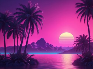 Naklejka premium Sunset Paradise: Tropical Dreamscape with Retro Sun