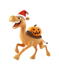 A camel wearing a Christmas hat and a pumpkin on its back PNG