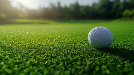 Obraz premium Close-up of a golf ball on a tee with an elegant golf driver beside it, and vibrant green grass creating a serene golf course backdrop