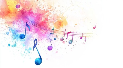 Colorful music notes and watercolor splashes on white for vibrant artistic poster designs