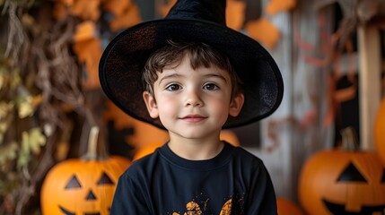 Cheerful Halloween backdrop with a young child wearing a witch costume and surrounded by festive a spooky yet fun atmosphere perfect for holiday and activities