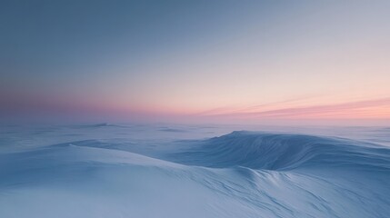 Endless expanses of pristine snow stretch across a frosty tundra, bathed in soft pastel hues as twilight descends, creating a peaceful and serene atmosphere