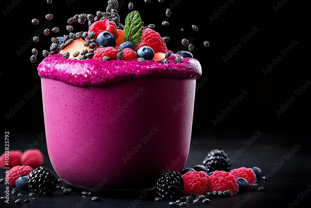 Poster 3D digital model of a smoothie bowl, with detailed fruits, seeds, and textures fully animated in a dynamic, interactive digital setting