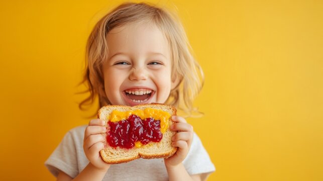 A playful image of a child holding a slice of toast topped with colorful spreads, showcasing the joy of breakfast and the versatility of loaf bread.