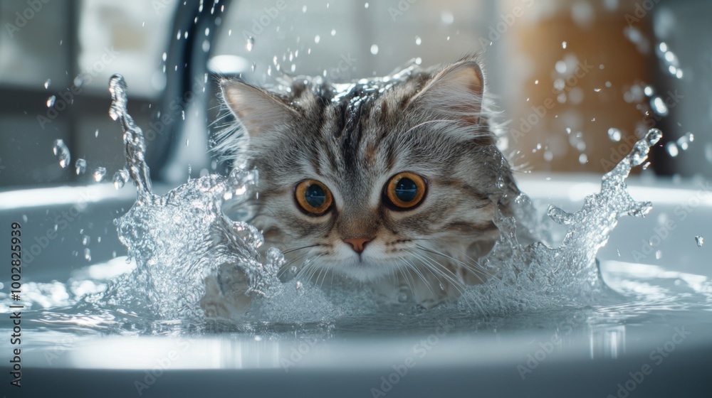 Poster a playful image of a fluffy cat cautiously stepping into a bathtub filled with warm water, with spla