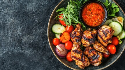 Top view of a plate of grilled chicken with vegetables and a dipping sauce. Copy space.