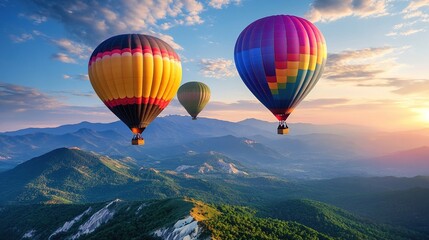 Naklejka premium Hot Air Balloons Soaring Over Majestic Mountains at Sunrise