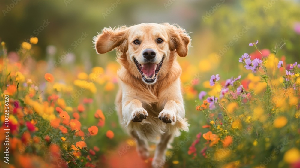 Poster a playful photo of a dog bounding through a field of colorful wildflowers, with its fur and flowers 