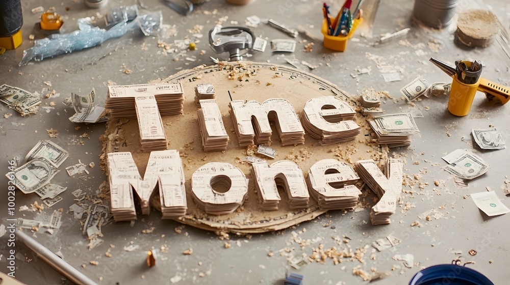 Poster a clock made from stacked paper money representing the business idiom time is money and the importan