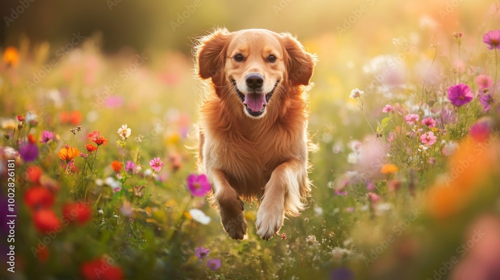 Poster a playful photo of a dog bounding through a field of colorful wildflowers, with its fur and flowers 