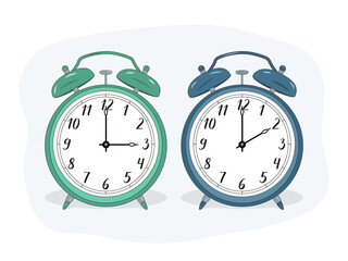 Illustration of two alarm clocks. The green one symbolizes summer, the blue one winter. Time adjustment symbol. Moving the hands backward from 3:00 to 2:00. Standard time and daylight saving time.