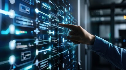 Hand interacting with a digital interface, showing data and server management in a data center.