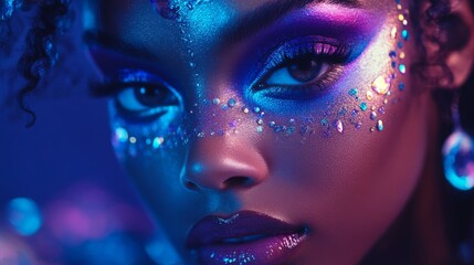 makeup look inspired by fantasy themes like fairies, mermaids, or mystical creatures. These looks can feature unconventional color palettes, like neon, iridescent, or holographic finishes
