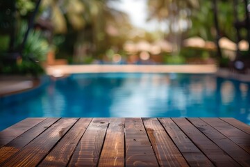 Wooden deck overlooking a sparkling blue swimming pool with a blurred background of palm trees and resort.