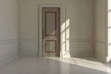 Fototapeta premium Elegant white door with ornate molding in a minimalist room.